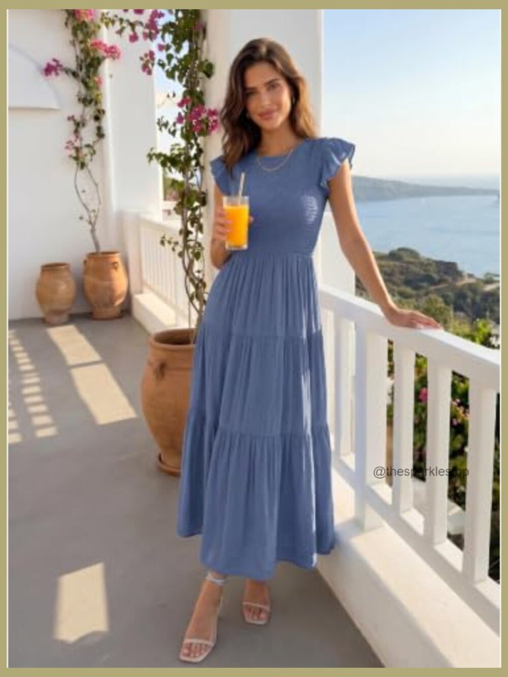 Flutter Short Sleeve Smocked Elastic Waist Tiered Midi Dress Casual Summer - Picture 2 of 7